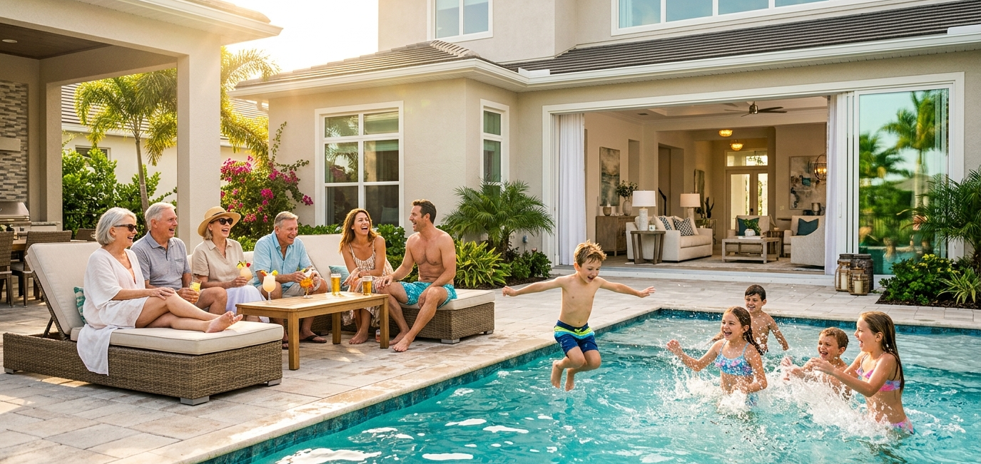 Hero-image Large group of families enjoying a vacation rental home in Orlando Florida.